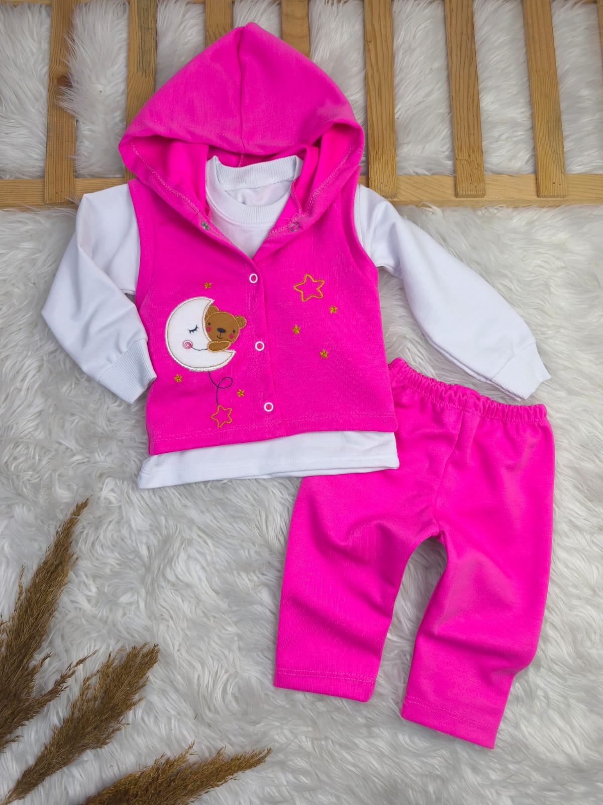 1891 KAPŞONLU YELEKLİ AY YILDIZ NAKIŞLI 3'LÜ TAKIM  - Sarı / 9-12 Ay