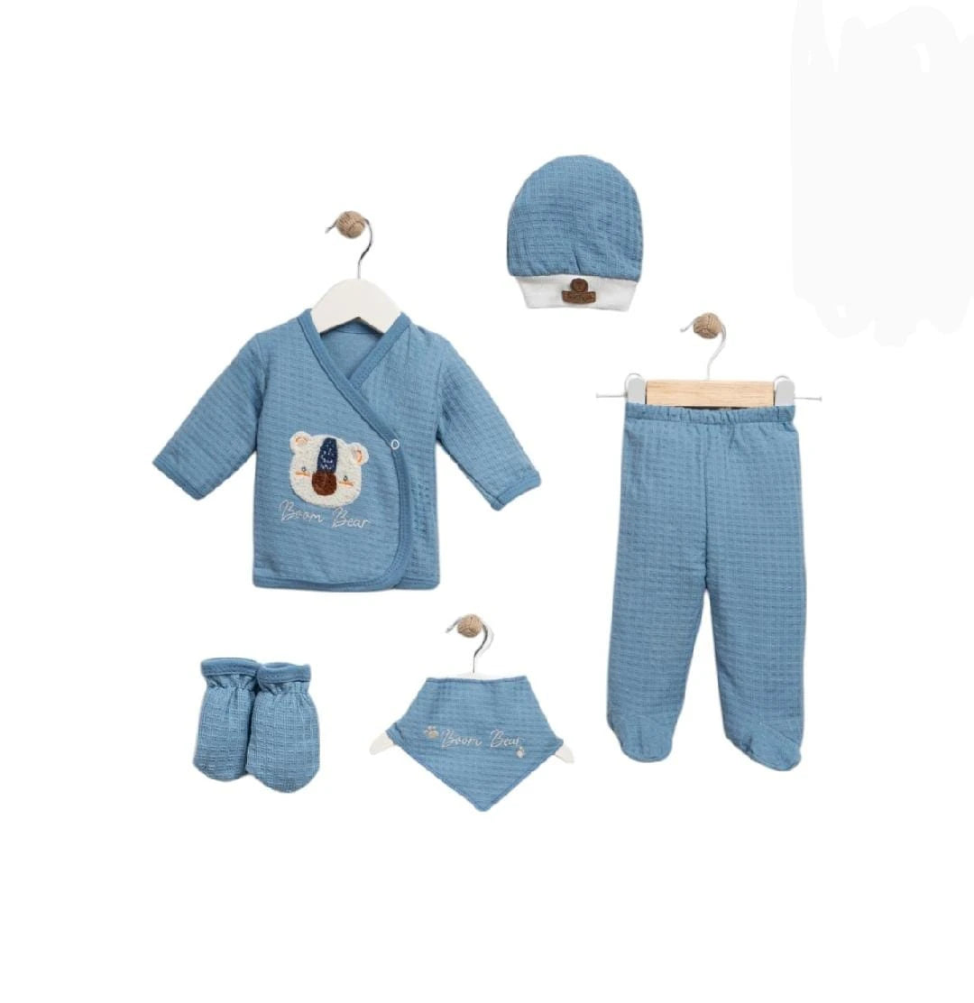 425025 BEAR WAFFLE ORGANİK 5'Lİ HASTANE ÇIKIŞI SETİ  - Mavi / 0-3 Ay