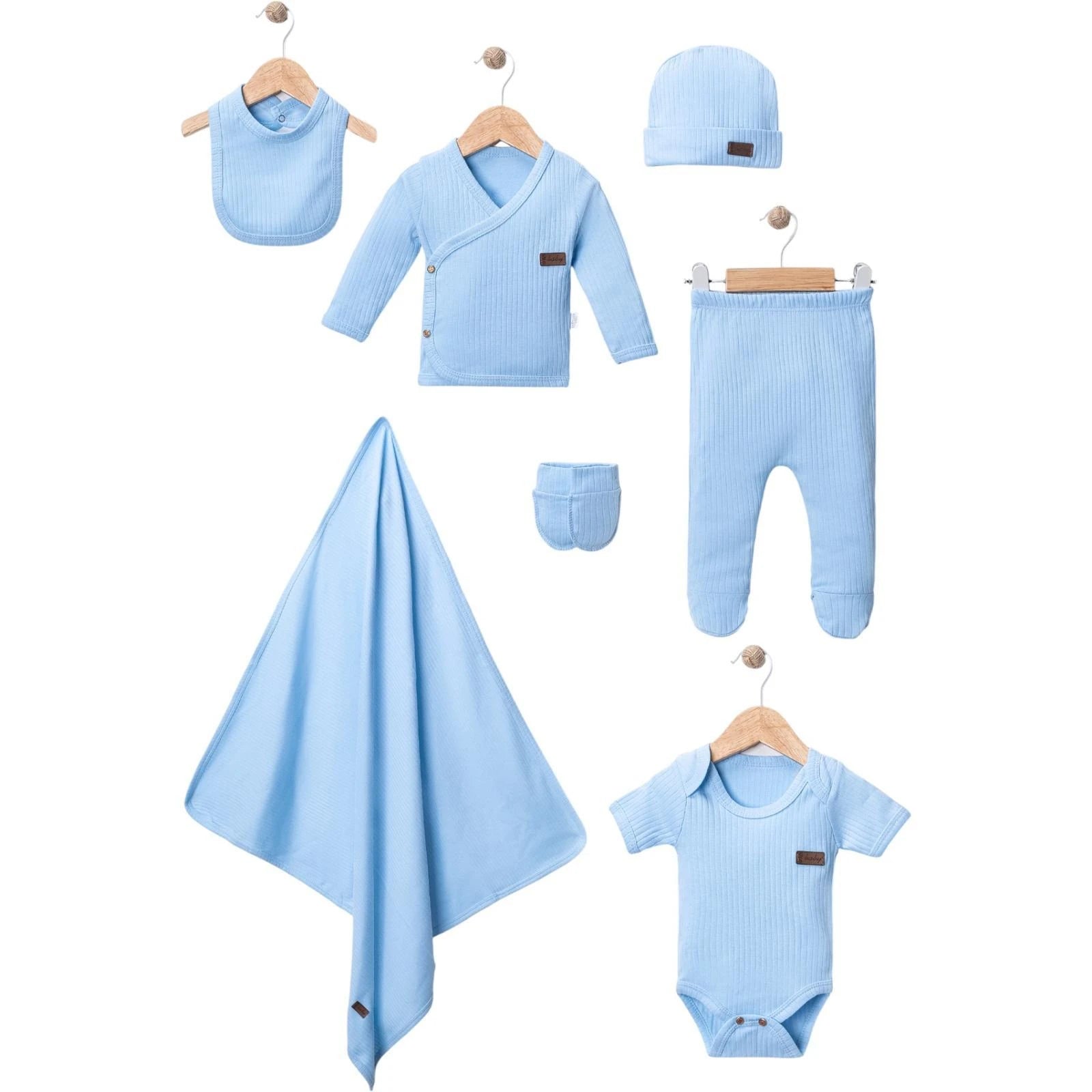 444782 RAPORLU DÜZ RENK 7'Lİ HASTANE ÇIKIŞI SETİ  - Mavi / 0-3 Ay