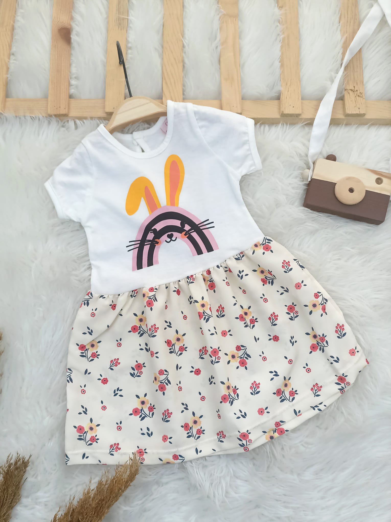 4448 TAVŞAN - ÇİÇEK DESEN PENYE ELBİSE  - Yeşil / 12-18 Ay