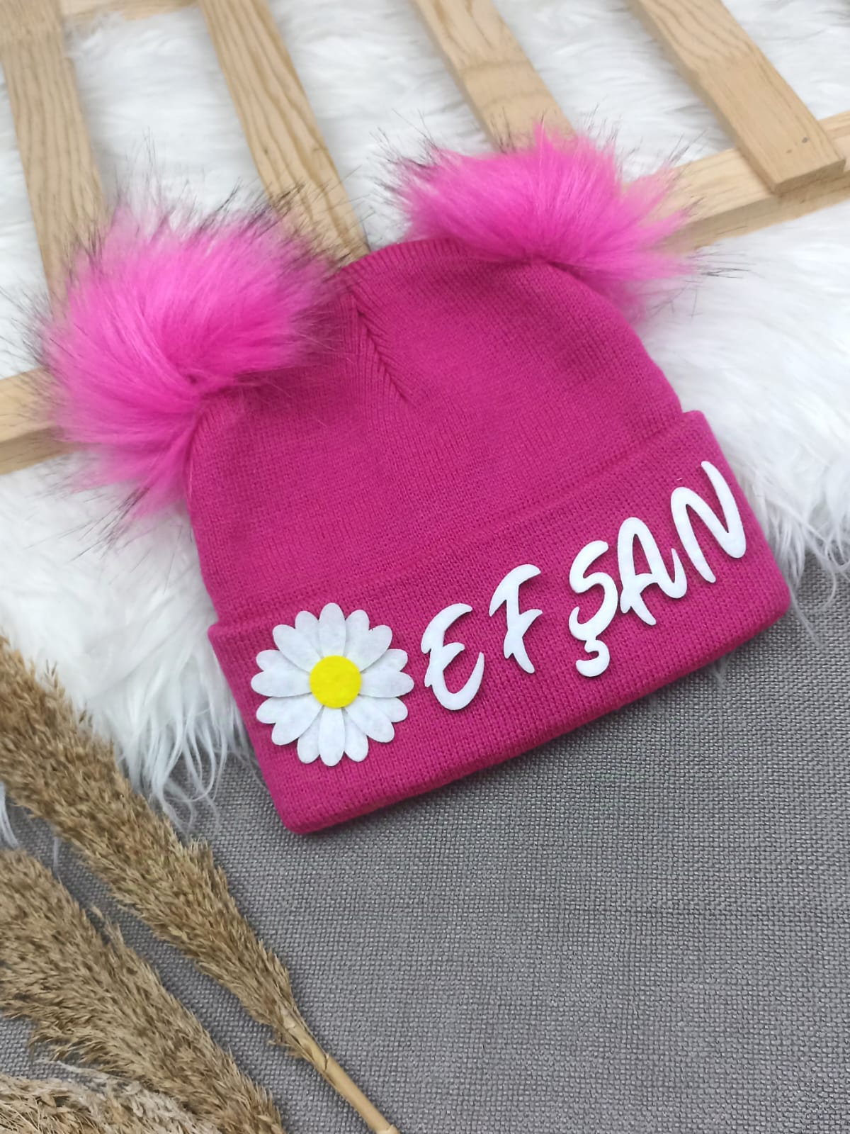 B0313 FUŞYA PONPON İSME ÖZEL TRİKO BERE  - 4