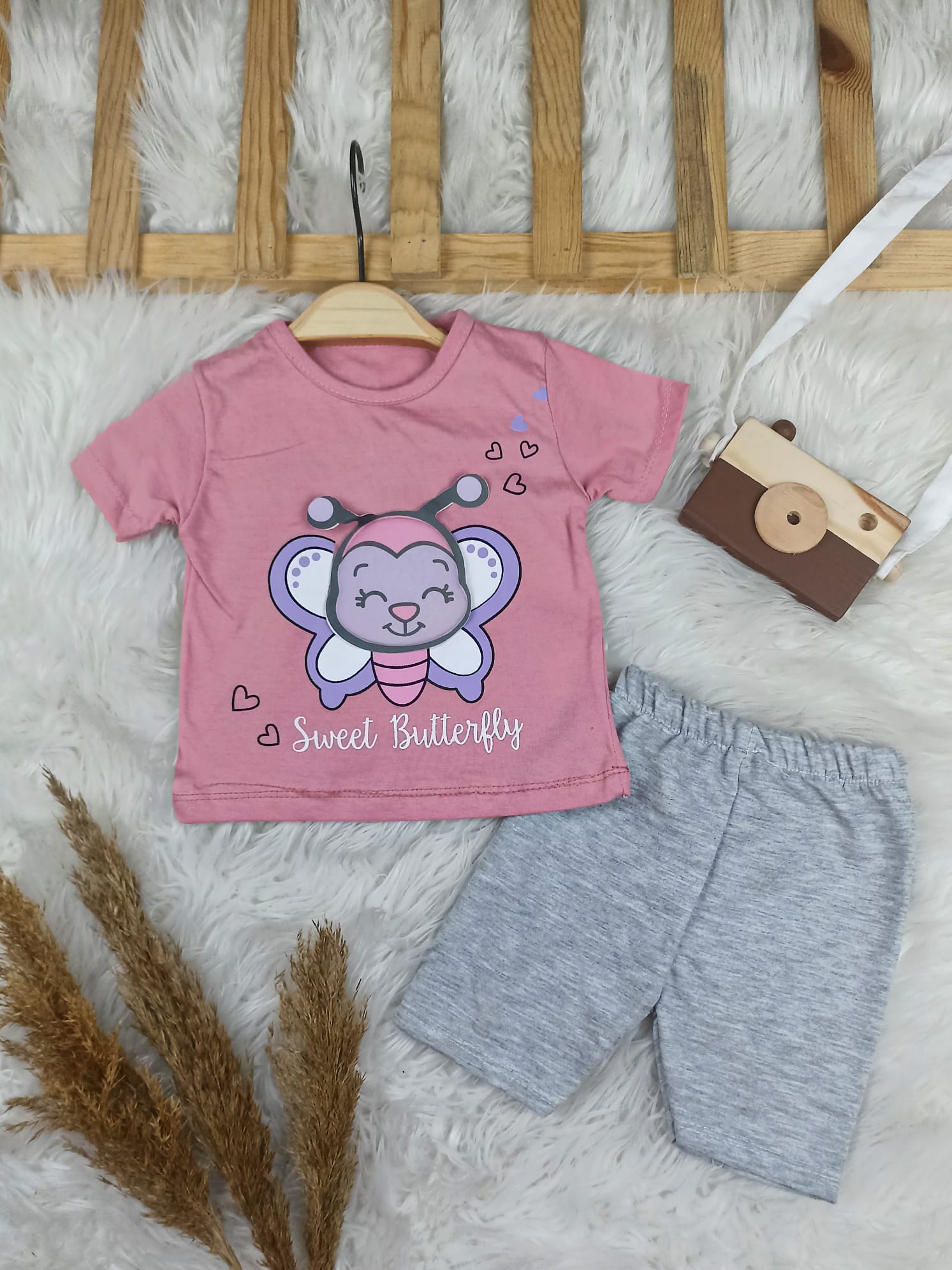 1848 KELEBEK MOBİL AKSESUARLI ŞORTLU TAKIM - Fuşya / 9-12 Ay