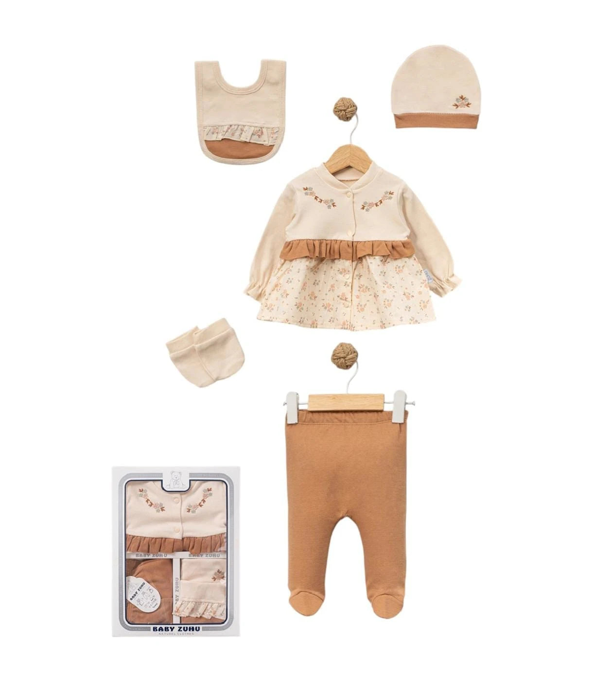 437516 ÇİÇEK NAKIŞLI FIRFIR DETAYLI 5'Lİ HASTANE ÇIKIŞI SETİ - Kiremit / 0-3 Ay