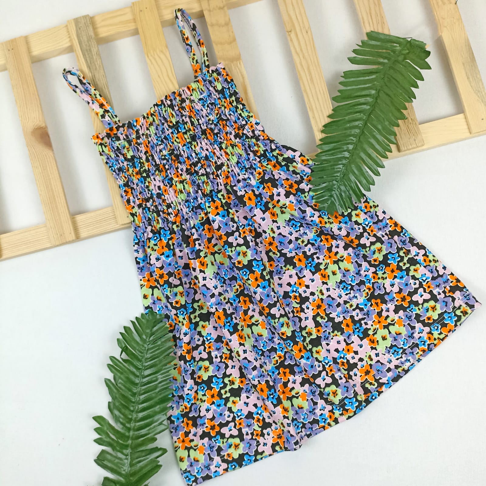 ELB-2331 Renkli Çiçek Desenli Gipeli Elbise  - 1-2