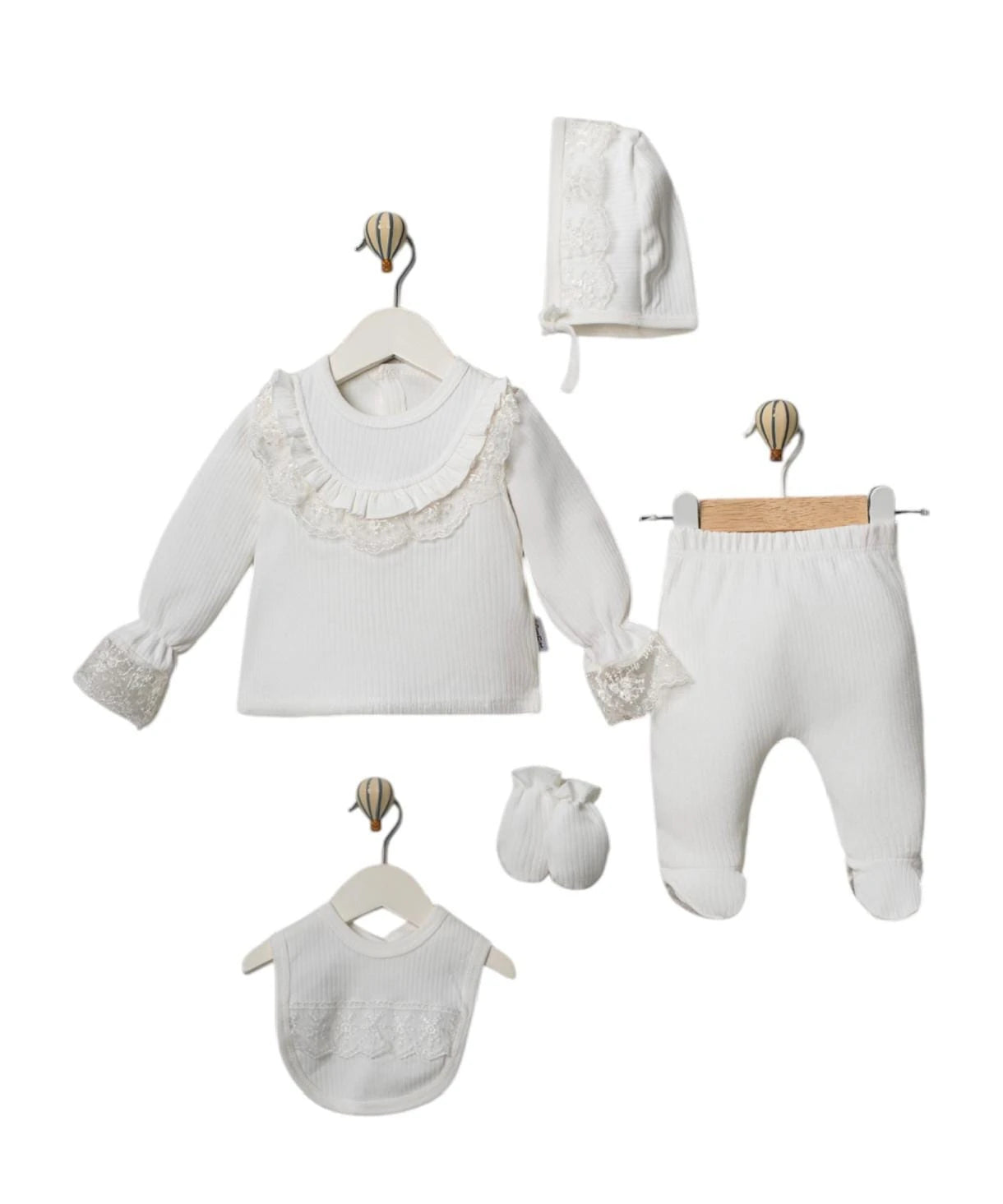 437227 DANTELLİ PENYE RAPORLU KUMAŞ 5'Lİ HASTANE ÇIKIŞI SETİ