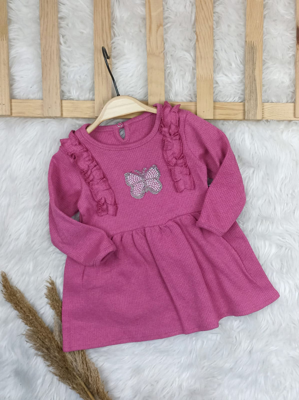 9525 WAFFLE KUMAŞ KELEBEK ELBİSE  - Pembe / 4 Yaş