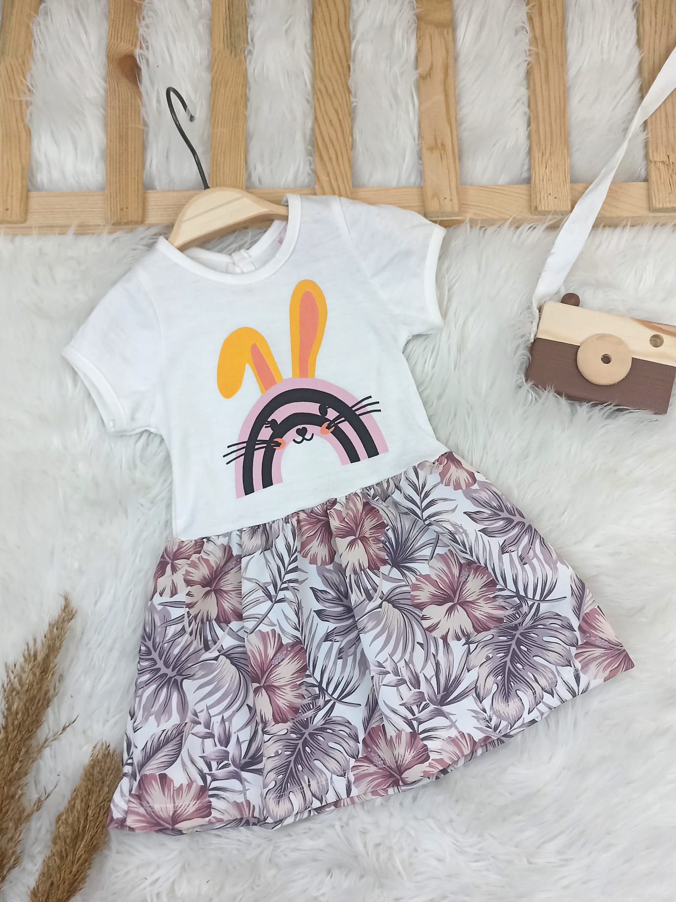 4448 TAVŞAN - ÇİÇEK DESEN PENYE ELBİSE  - Yeşil / 18-24 Ay