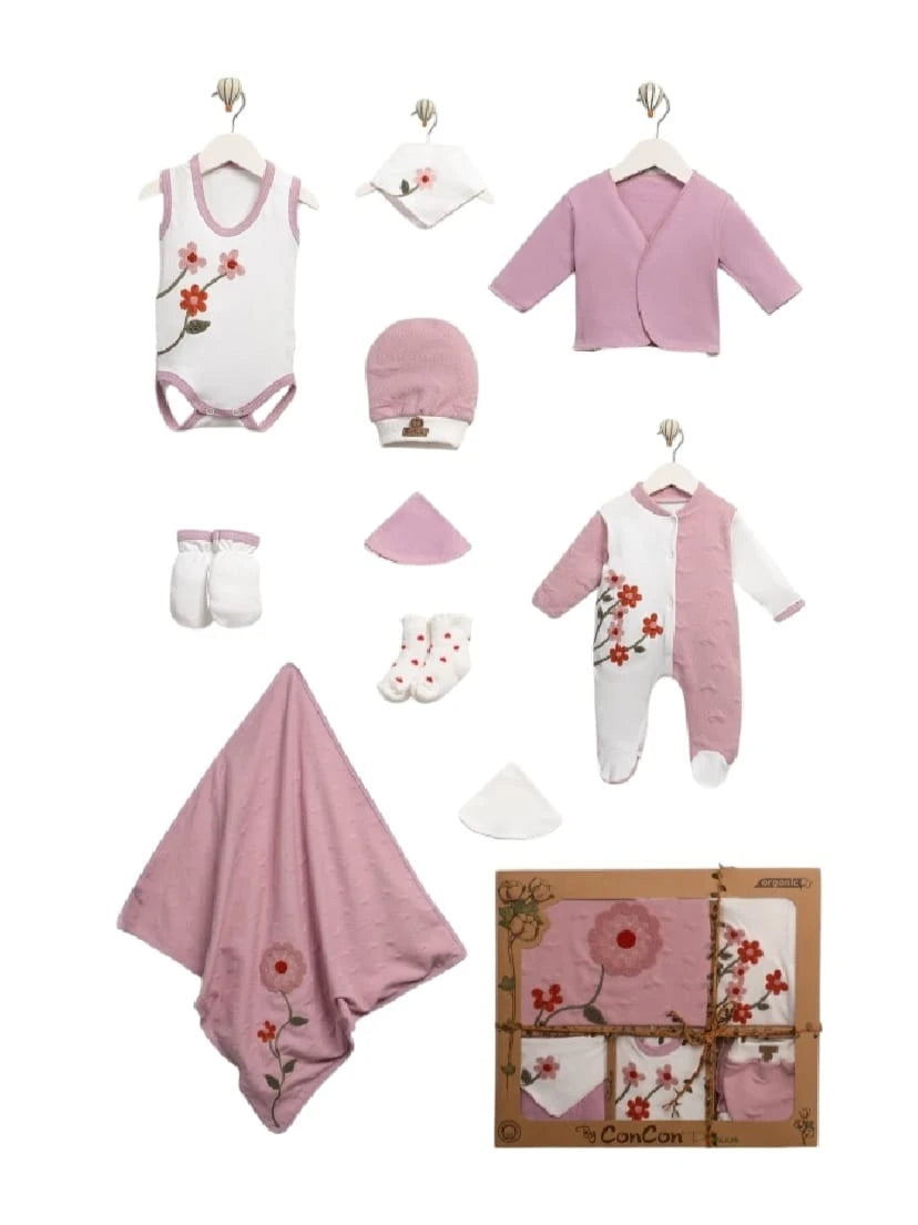 425696 ORGANİK KALPLİ ÇİÇEK BUKETİ KIZ 10'LU HASTANE ÇIKIŞI SETİ  - Gül kurusu / 0-3 Ay