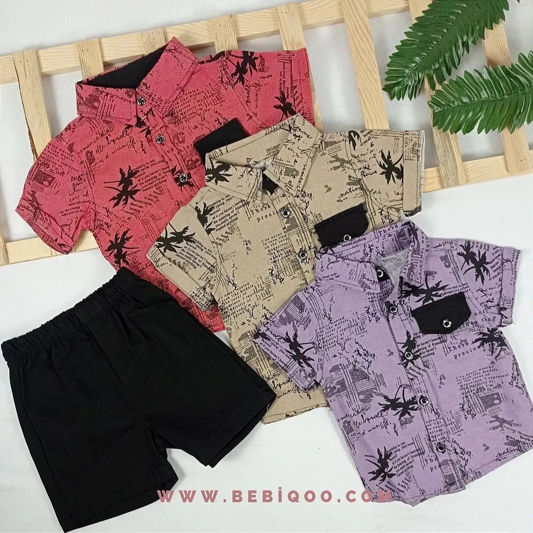 TKM-1254 Palmiye Desen Gömlekli Şortlu Takım  - bej / 1