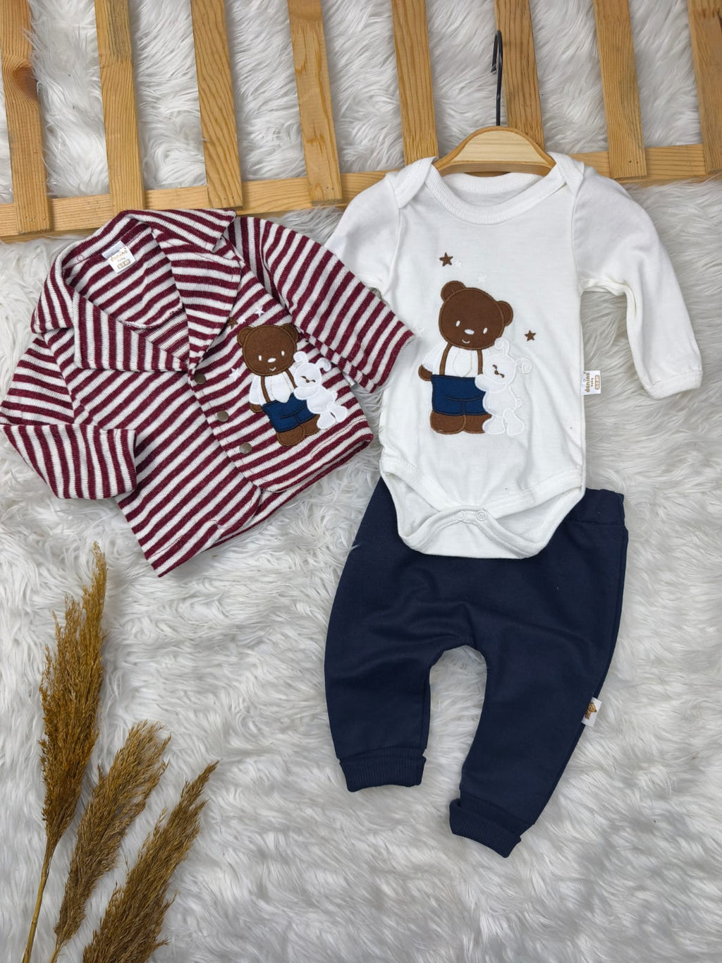 1933 ÇİZGİLİ TRİKO CEKETLİ 3'LÜ TAKIM  - Sarı / 0-3 Ay