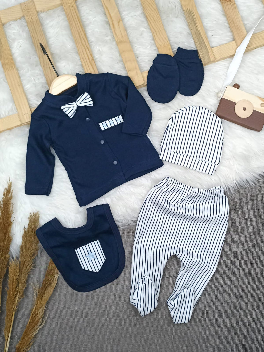 ZBN-2439 PAPYONLU ÇİZGİLİ 5'Lİ HASTANE ÇIKIŞI SETİ - 0-3