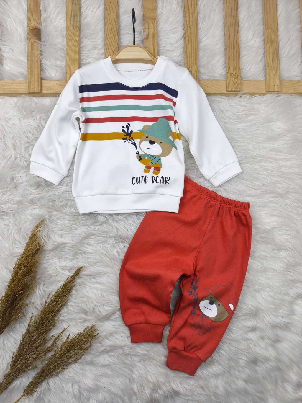 1949 CUTE BEAR ÇİZGİLİ MEVSİMLİK TAKIM  - Kiremit / 6-9 Ay