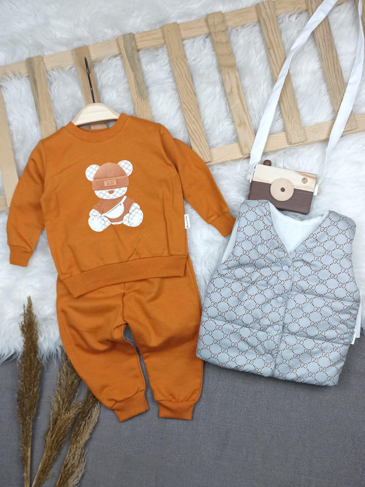 TKM-1192 GUCCİ DESEN ŞİŞME YELEKLİ 3'LÜ TAKIM  - Lacivert / 3-6 Ay