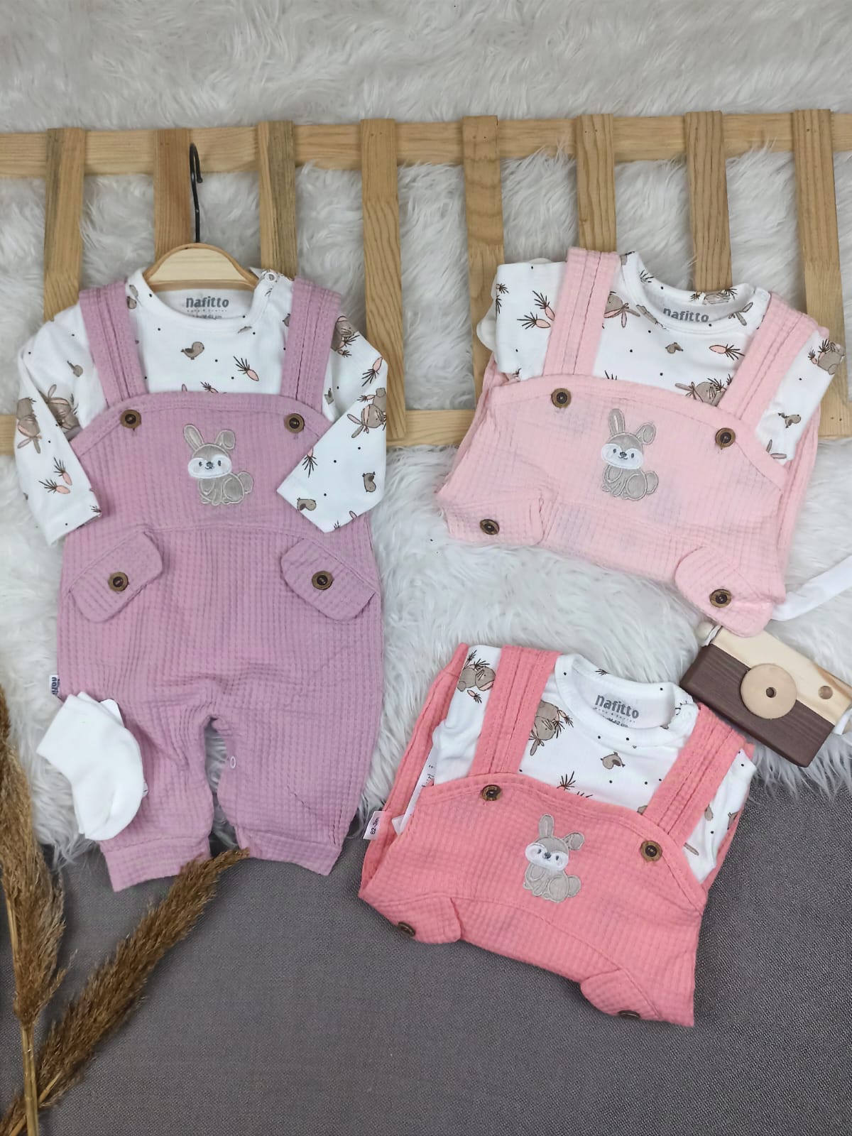 1456 TAVŞAN WAFFLE KUMAŞ SLOPET TULUM  - Gül kurusu / 9-12 Ay