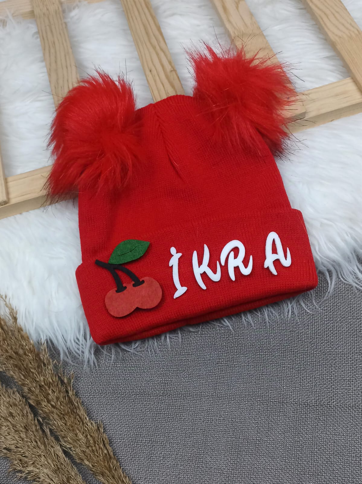 B0322 KIRMIZI PONPON KIZ İSME ÖZEL TRİKO BERE - 4