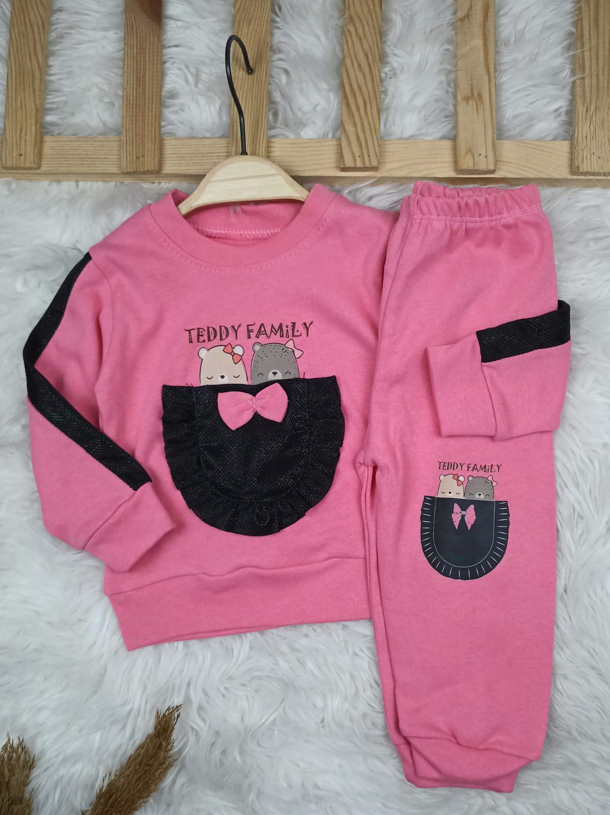 4310 TEDYY KANGURU CEP MEVSİMLİK KIZ TAKIM  - Fuşya / 2 Yaş