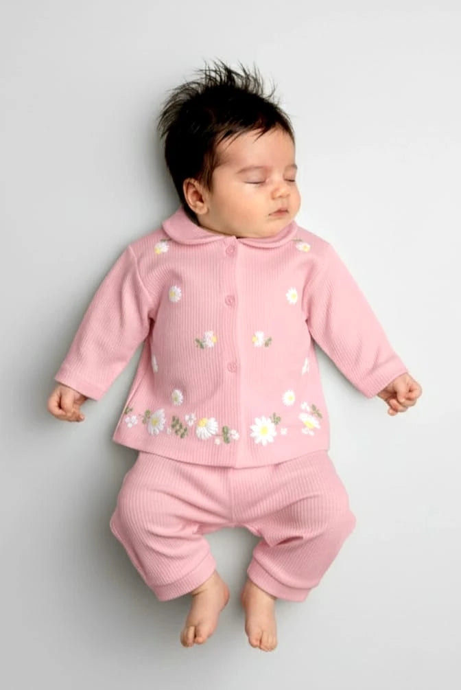 1927 BEBE YAKA PAPATYA DESEN ÖNDEN ÇITÇITLI TAKIM  - Somon / 3-6 Ay