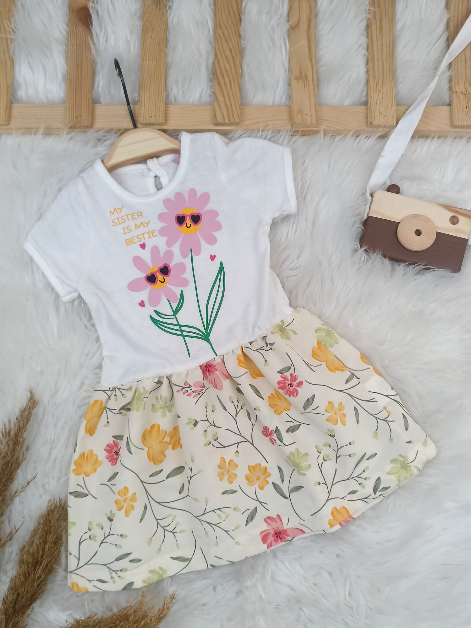 4447 ÇİÇEK DESEN PENYE ELBİSE  - Kahve / 9-12 Ay