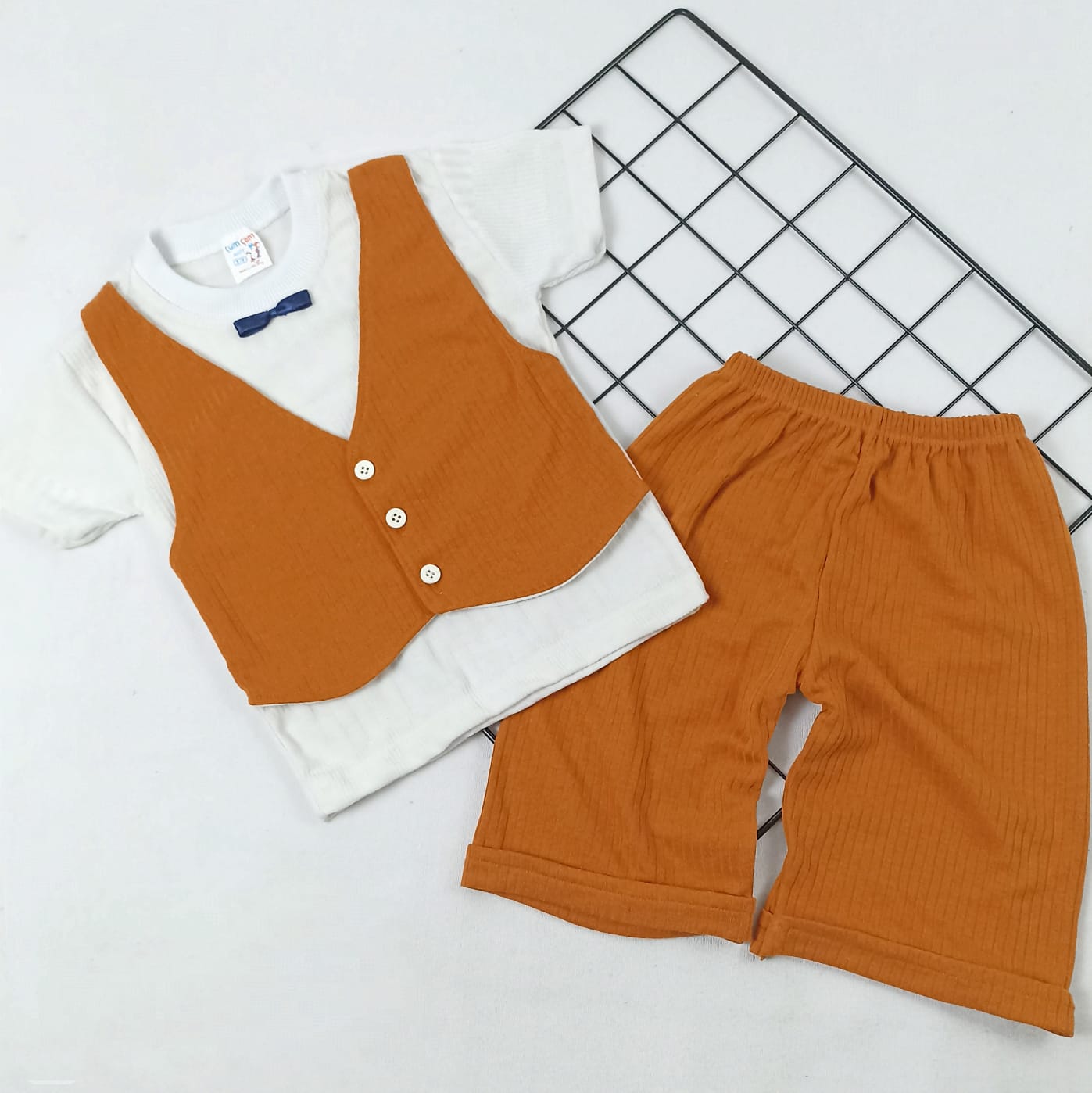 TKM-1856 Fitil Kumaş Sahte Yelekli Şortlu Takım  - Haki / 9-12