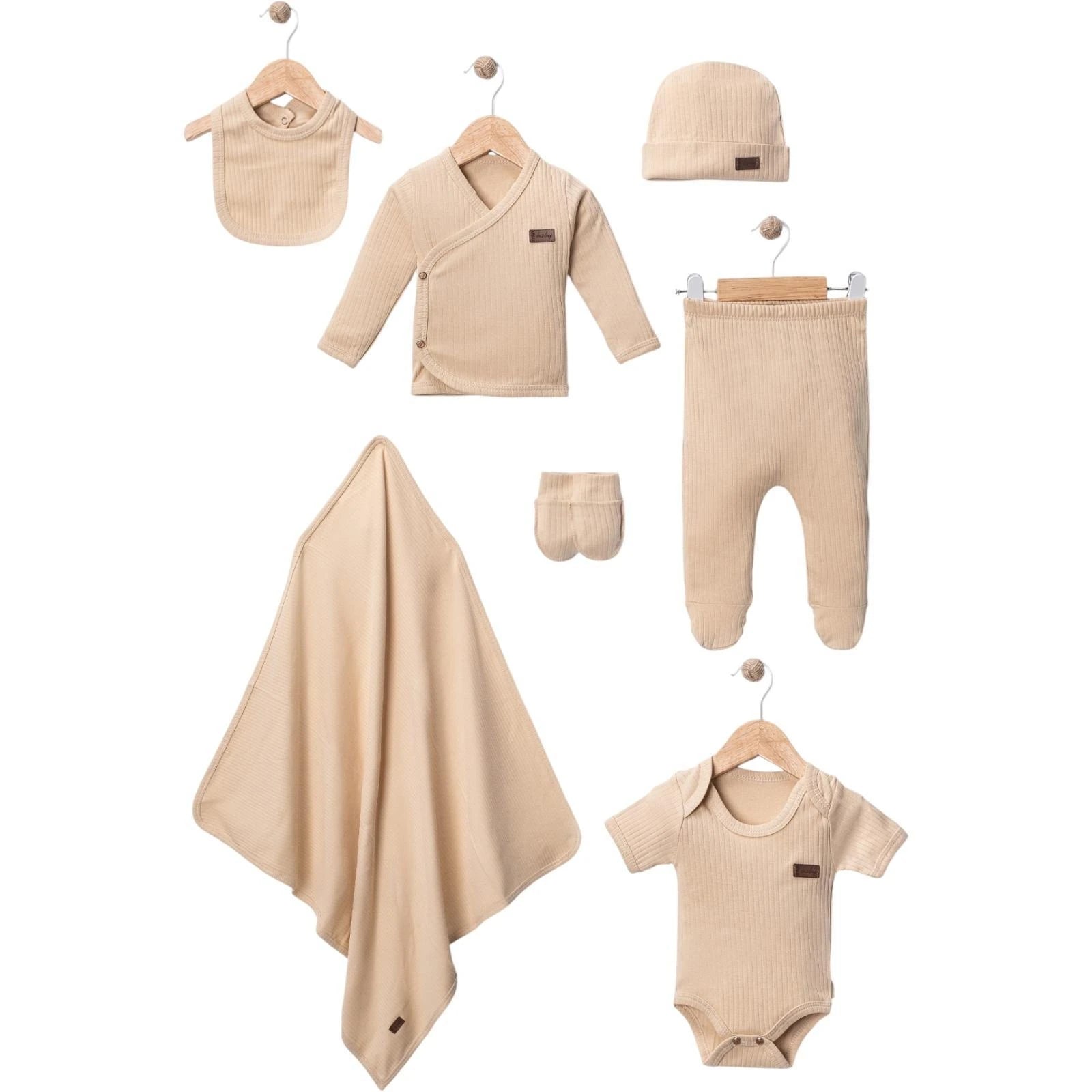 444782 RAPORLU DÜZ RENK 7'Lİ HASTANE ÇIKIŞI SETİ  - Kahve / 0-3 Ay