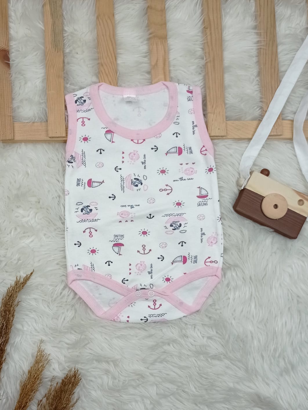 2547 GEMİ ÇAPA DESENLİ ÇITÇITLI BODY  - Mavi / 3-6 Ay