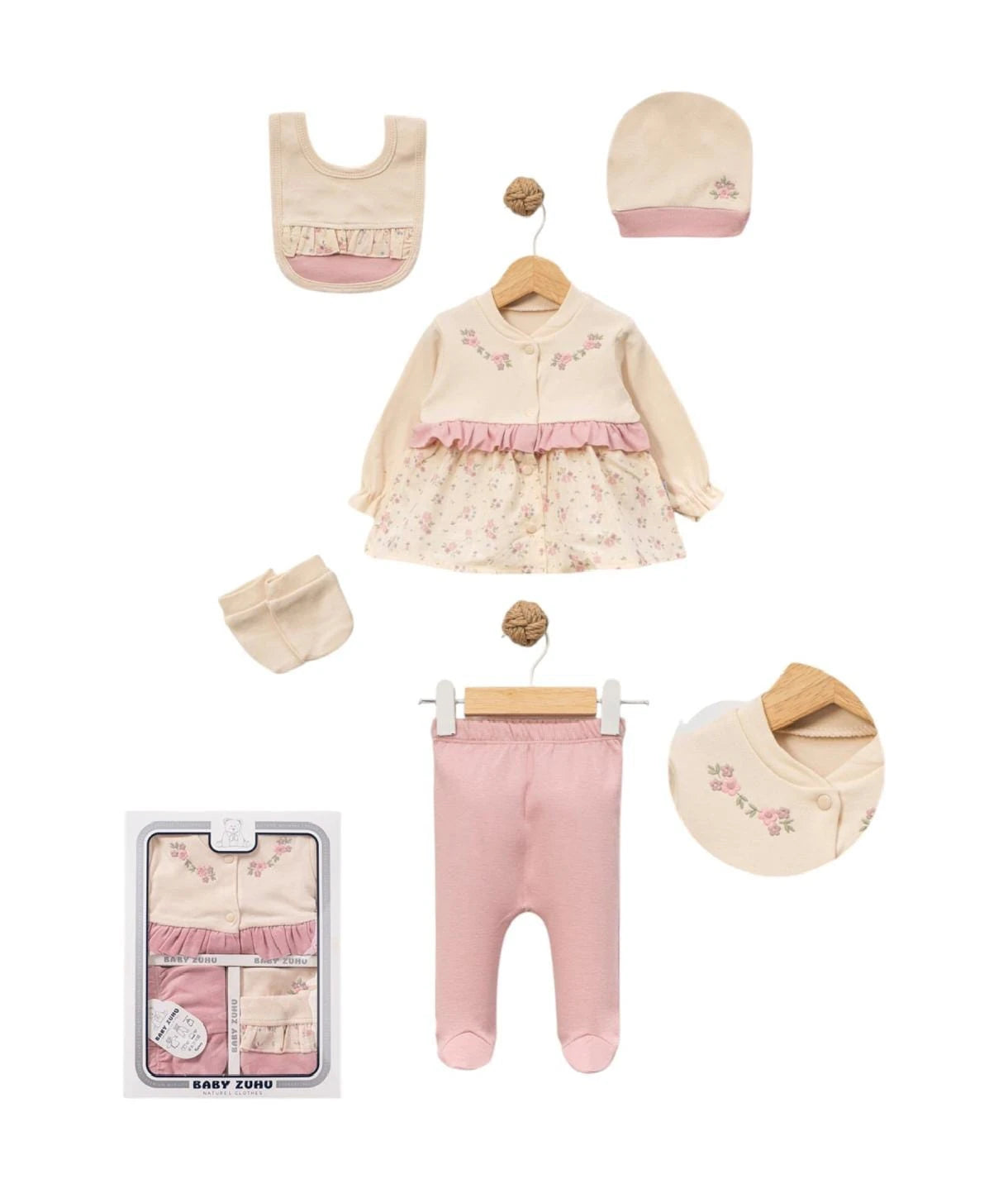 437516 ÇİÇEK NAKIŞLI FIRFIR DETAYLI 5'Lİ HASTANE ÇIKIŞI SETİ - Pembe / 0-3 Ay