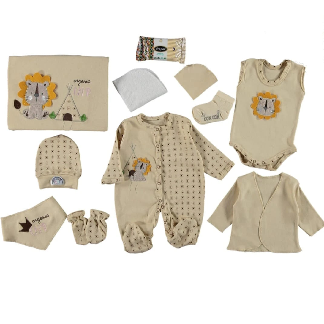 379812 ORGANİK ASLAN NAKIŞLI LÜX 10'LU HASTANE ÇIKIŞI SETİ  - 0-3 Ay