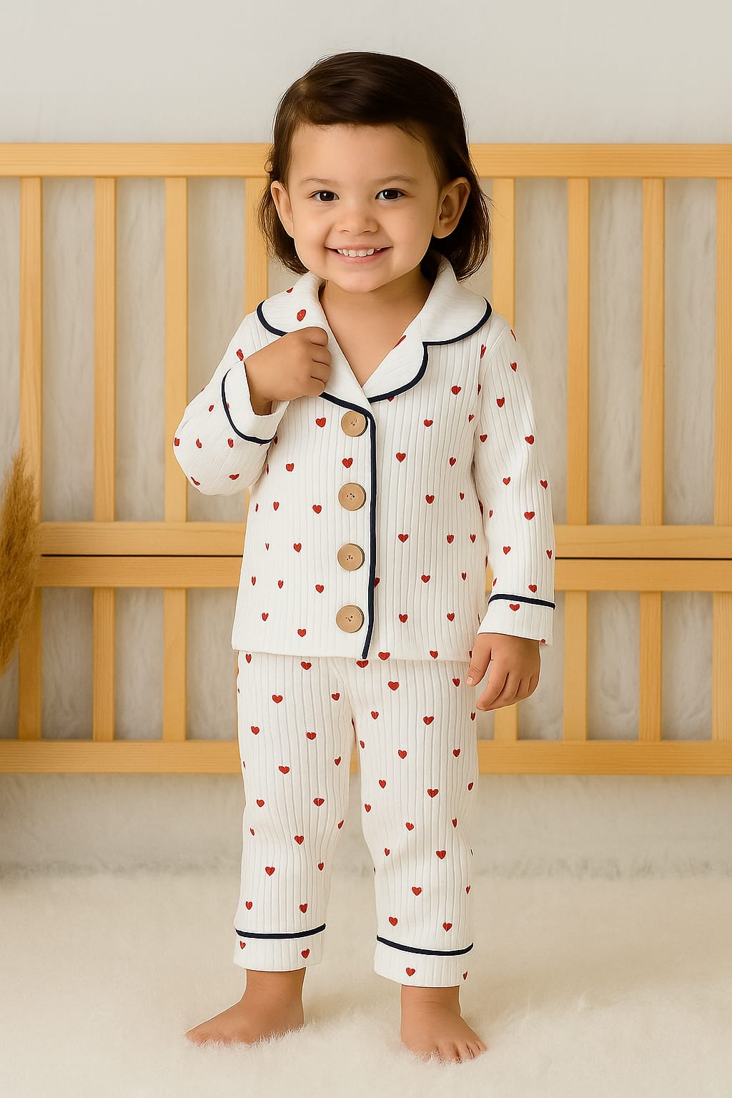 4457 KALP ÖNDEN DÜĞMELİ BİYELİ PİJAMA TAKIMI  - 1 Yaş
