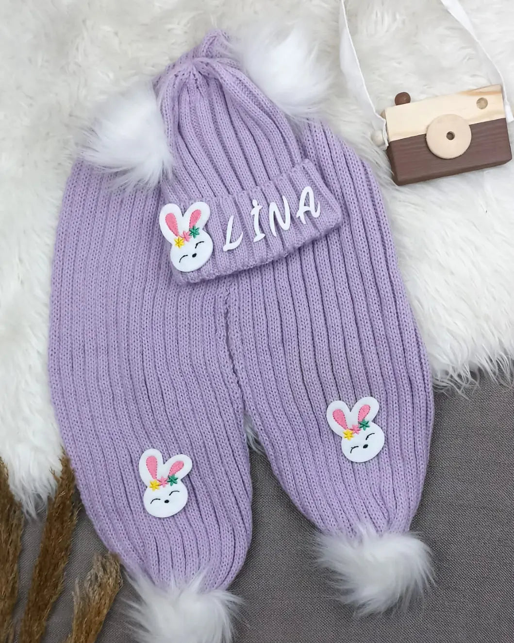 B028 LİLA İSME ÖZEL TRİKO ATKI BERE SETİ - 1