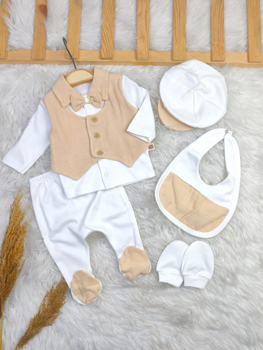 433182 MÜSLİN YELEK DETAYLI 5'Lİ HASTANE ÇIKIŞI SETİ - bej / 0-3 Ay