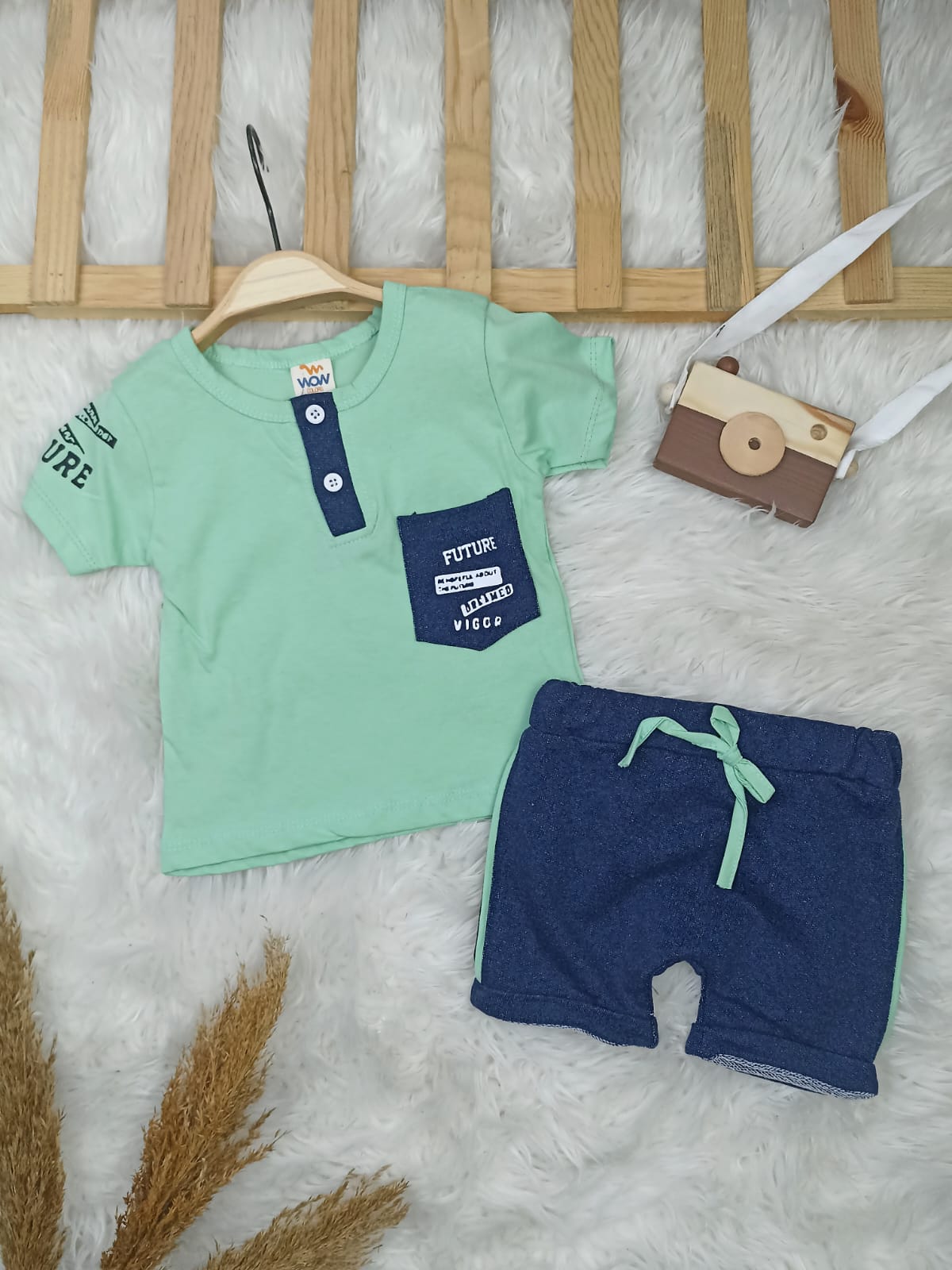 TKM-1113 Düğme Cep Detaylı Şortlu Takım  - Mavi / 12-18 Ay