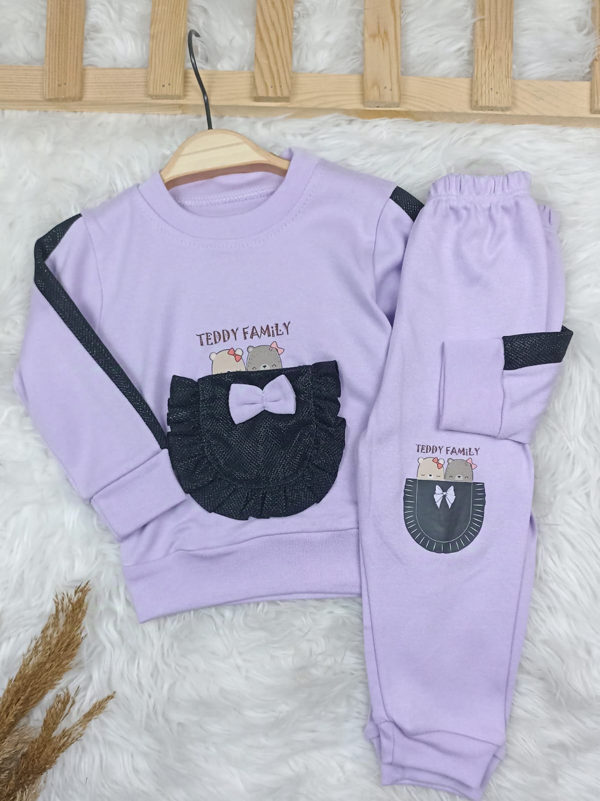 4310 TEDYY KANGURU CEP MEVSİMLİK KIZ TAKIM  - bej / 2 Yaş