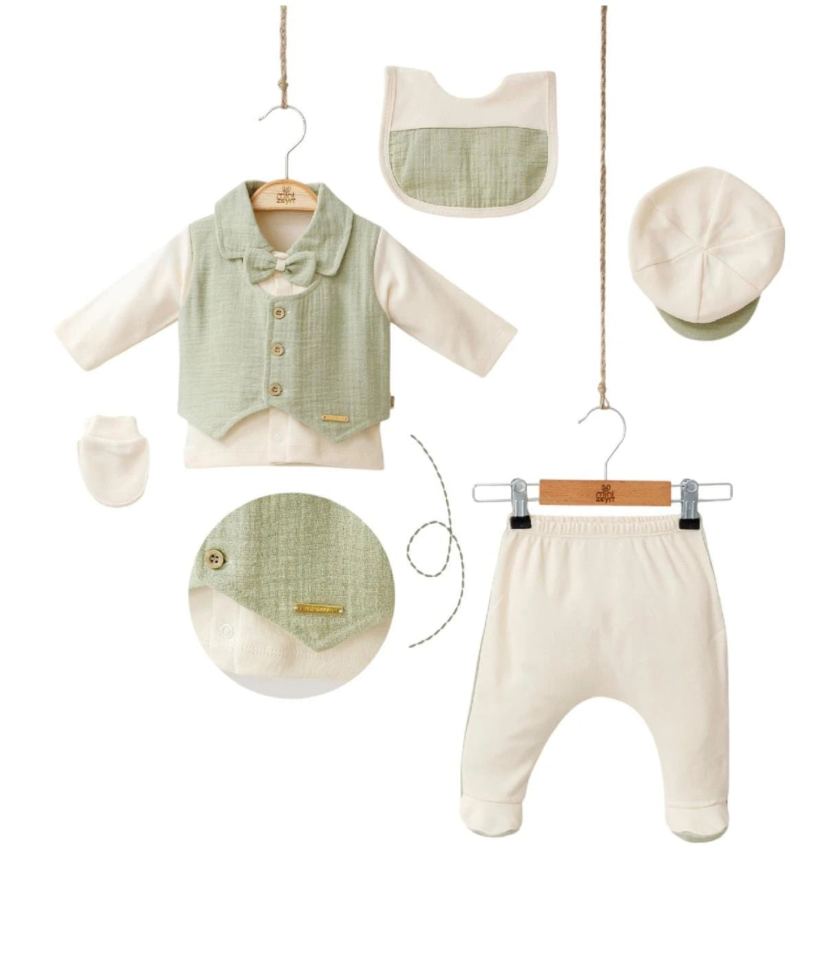 433182 MÜSLİN YELEK DETAYLI 5'Lİ HASTANE ÇIKIŞI SETİ - Lacivert / 0-3 Ay