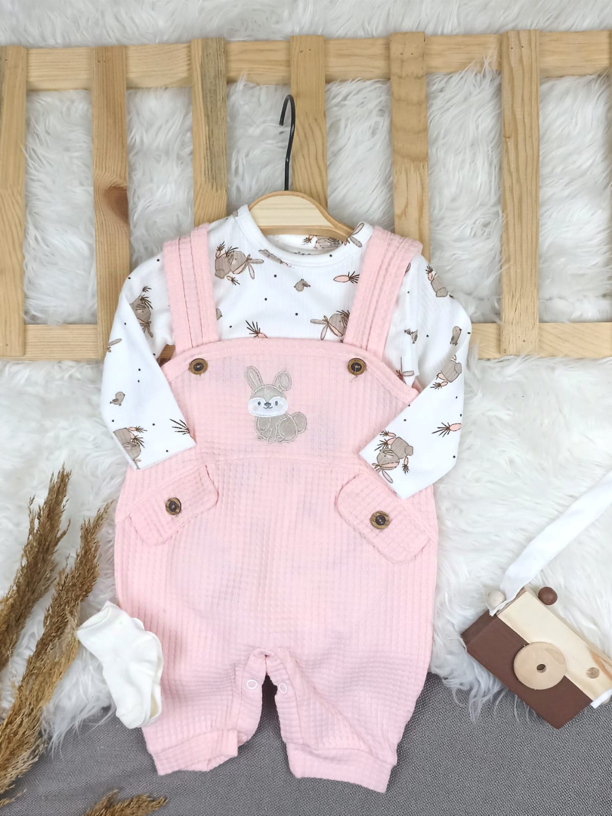 1456 TAVŞAN WAFFLE KUMAŞ SLOPET TULUM  - Somon / 3-6 Ay