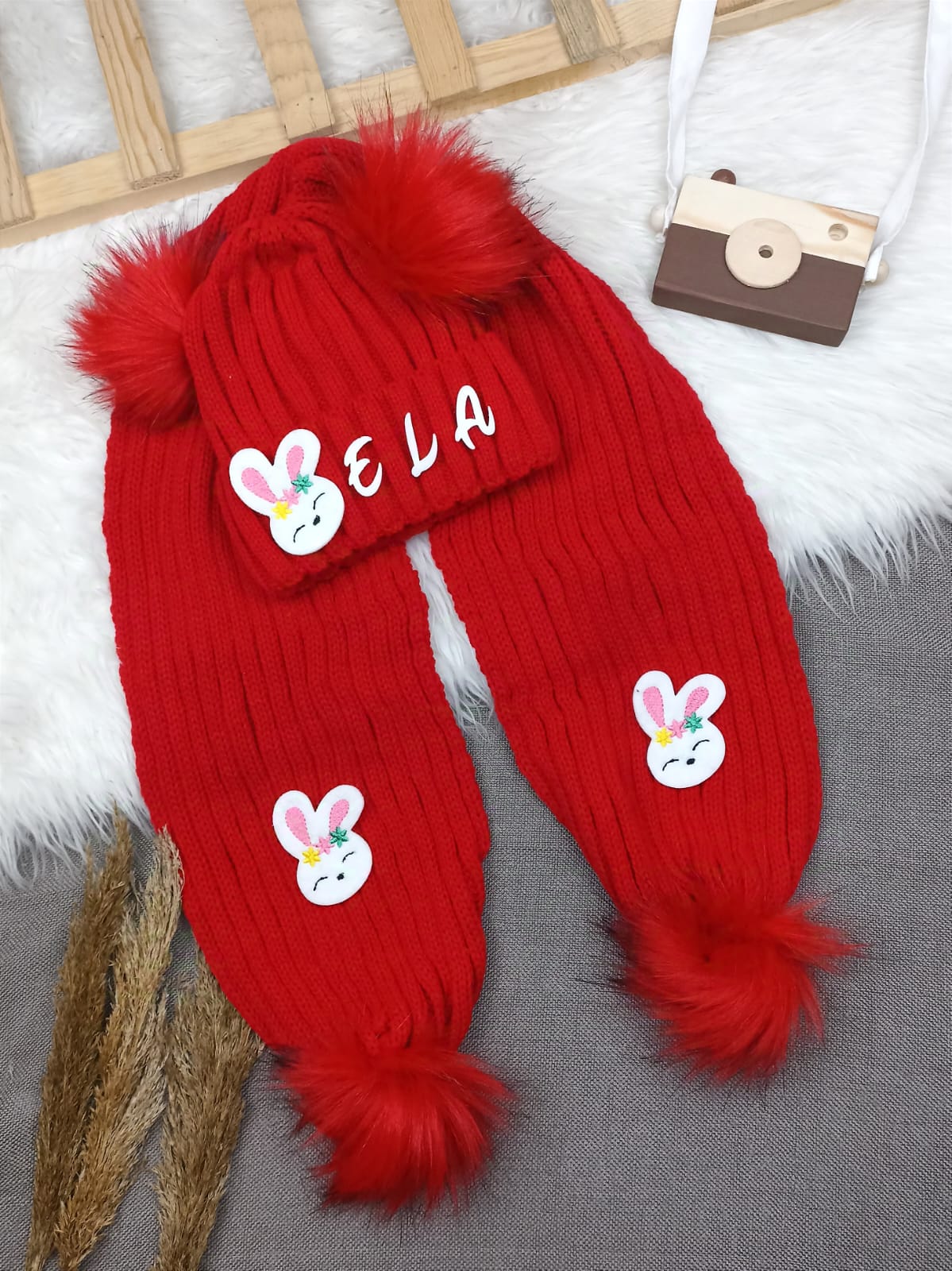 B0204 KIRMIZI POPON KIZ İSME ÖZEL TRİKO BERE SETİ - 3