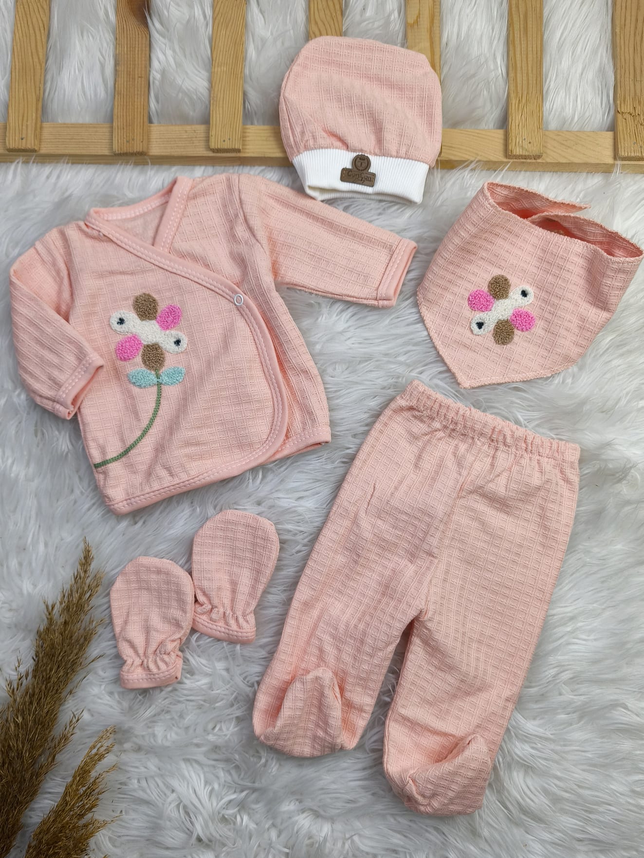 425022 ÇİÇEK NALIŞLI WAFFLE ORGANİK 5'Lİ HASTANE ÇIKIŞI SETİ  - Pembe / 0-3 Ay