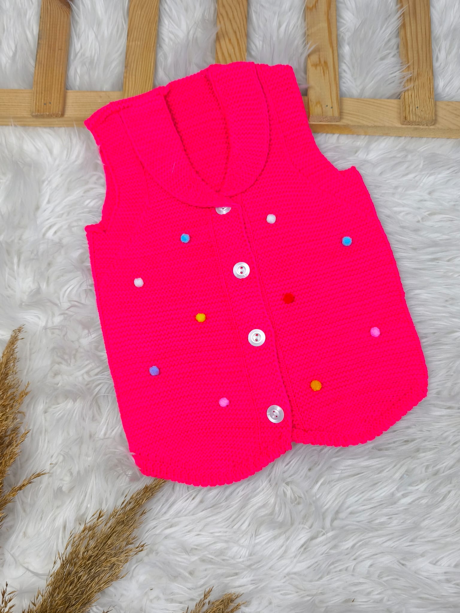 2574 PONPONLU TRİKO YELEK  - Fuşya / 1 Yaş