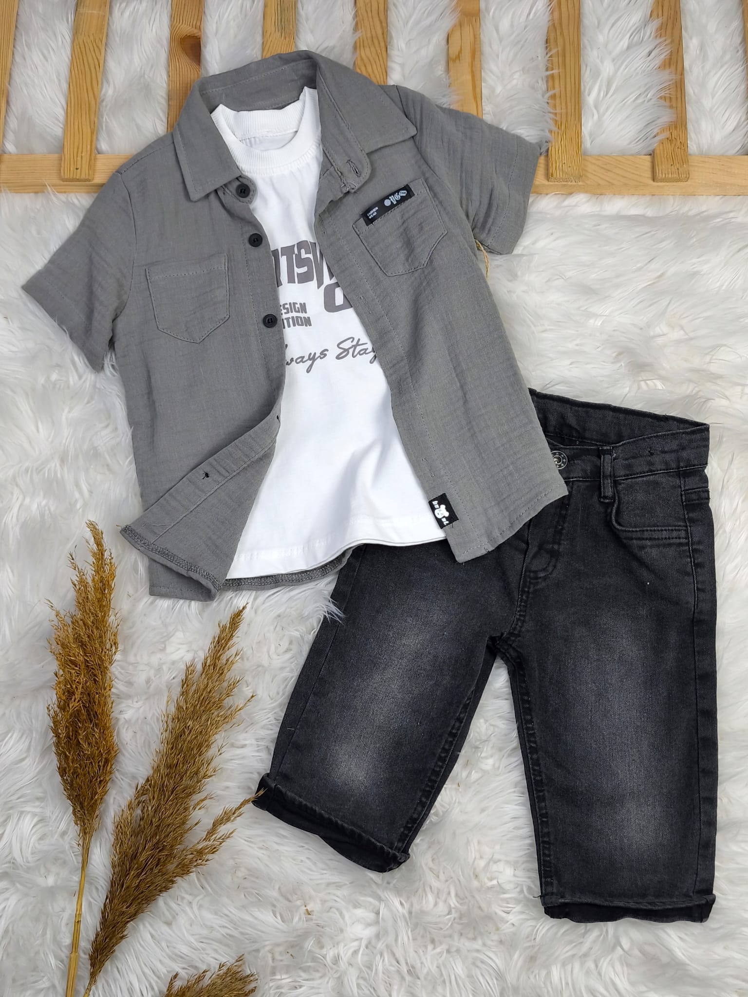 9107 MÜSLİN GÖMLEKLİ KOT KAPRİLİ 3'LÜ TAKIM  - 4 Yaş