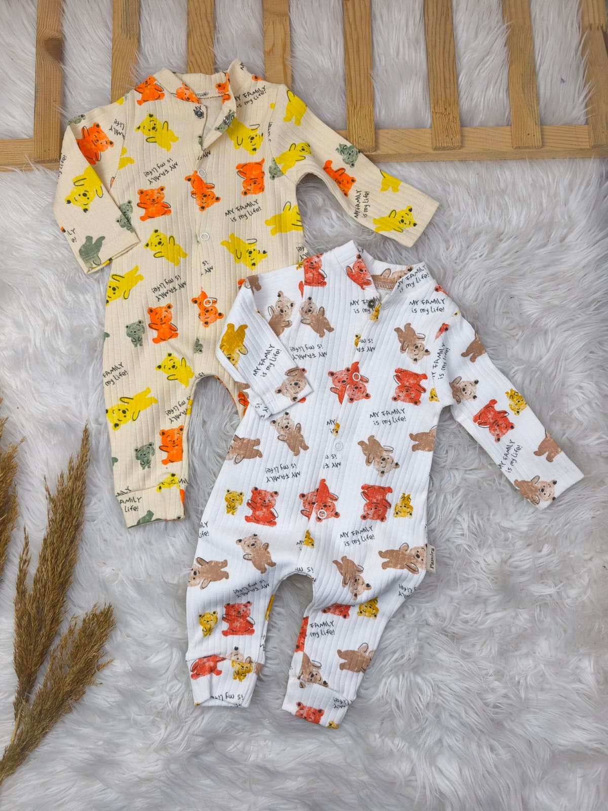 8106 RENKLİ AYICIK 2'Lİ PENYE TULUM SETİ - bej / 0-3 Ay