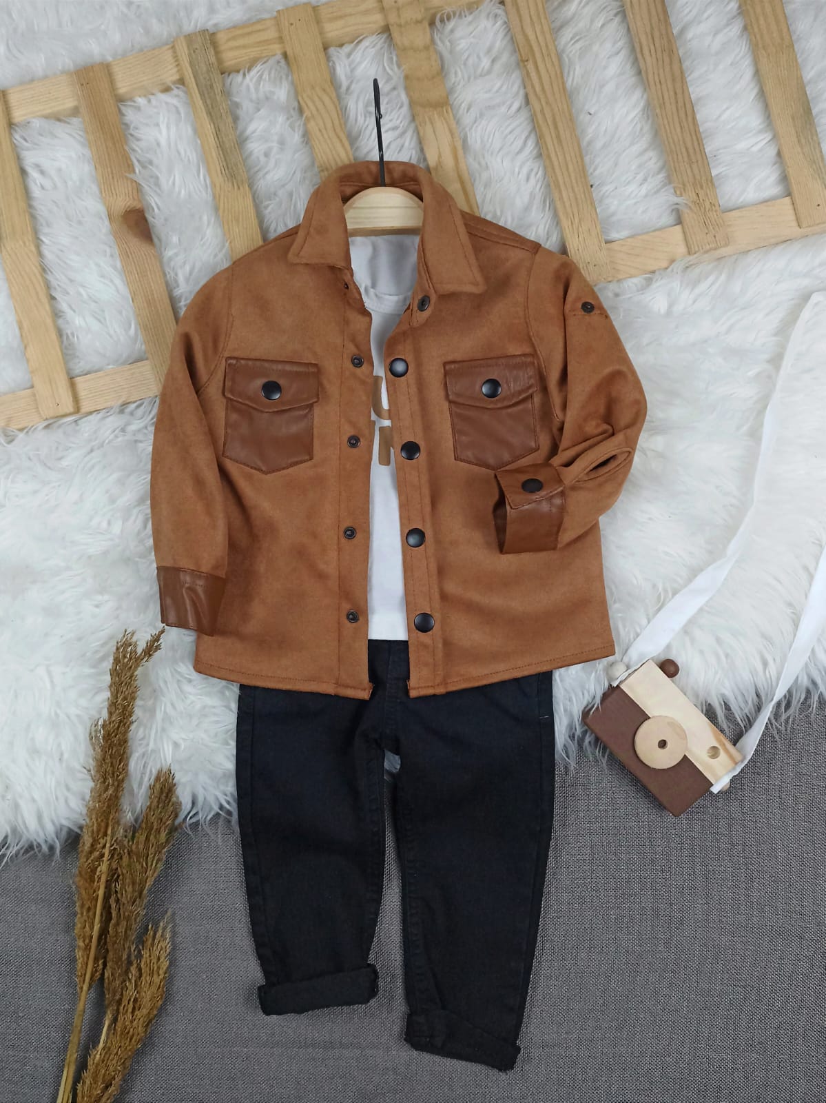 1140 NUBUK CEKETLİ KOT PANTOLONLU TAKIM  - Kahve / 9-12