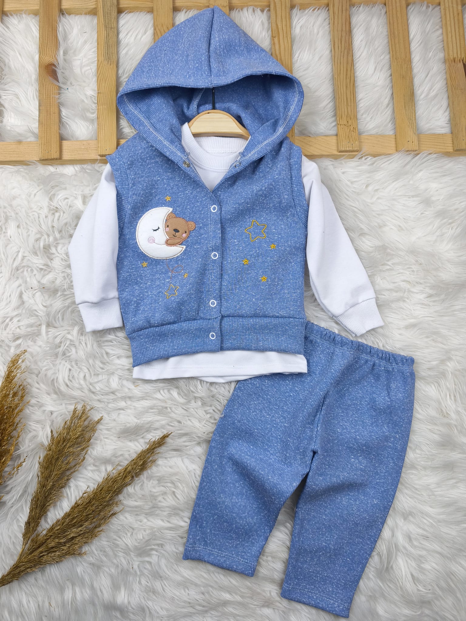 1943 RİBANA KAŞKORSE NAKIŞLI KAPŞONLU YELEKLİ TAKIM  - Mavi / 18-24 Ay