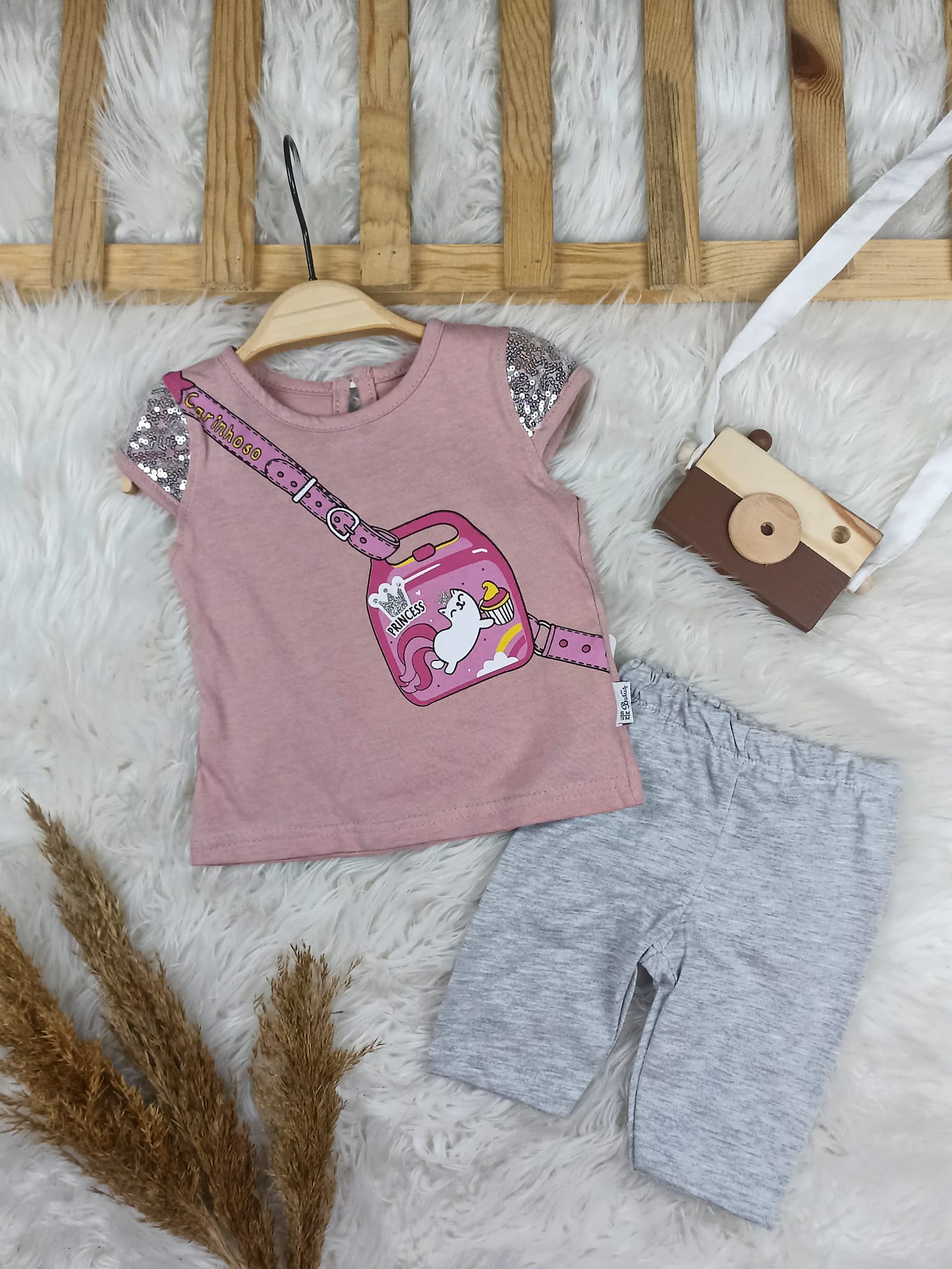 1267 ÇANTA BASKILI PUL DETAYLI TAYTLI TAKIM  - Gül kurusu / 6-9 Ay