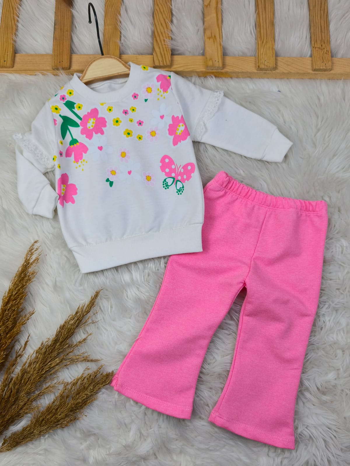 1921 ÇİÇEKLİ KOL DANTEL DETAYLI ISPANYOL PAÇA TAKIM - Pembe / 9-12 Ay