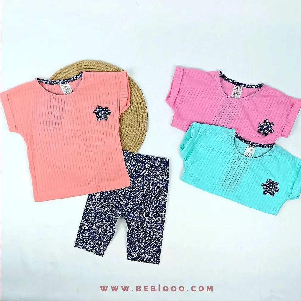 TKM-1859 Fitil Kumaş Çiçek Nakışlı Taytlı Takım  - Somon / 6