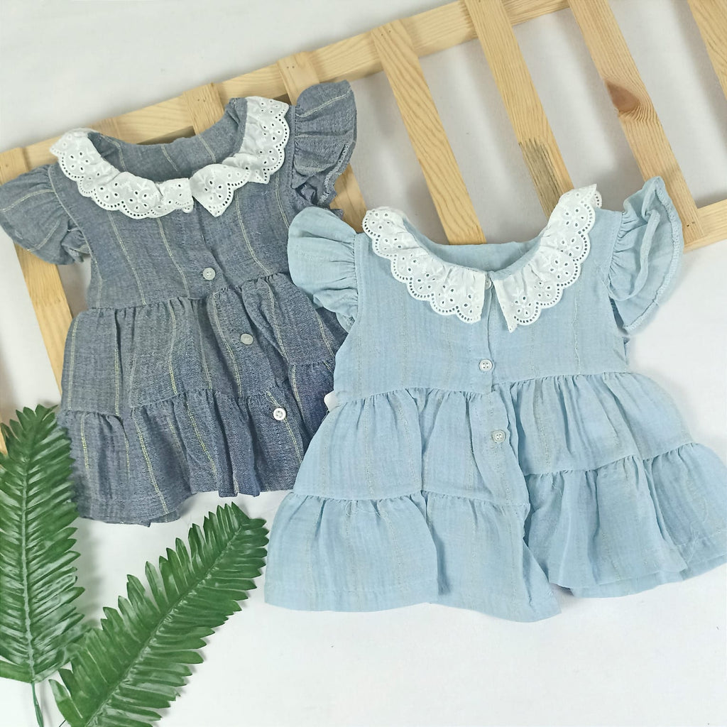 2319 SİMLİ ÇİZGİLİ MÜSLİN ELBİSE   - Mavi / 12