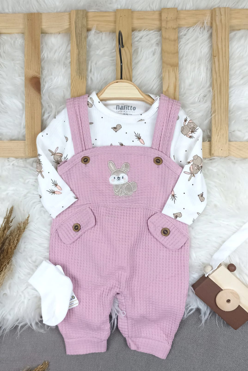 1456 TAVŞAN WAFFLE KUMAŞ SLOPET TULUM  - Gül kurusu / 3-6 Ay