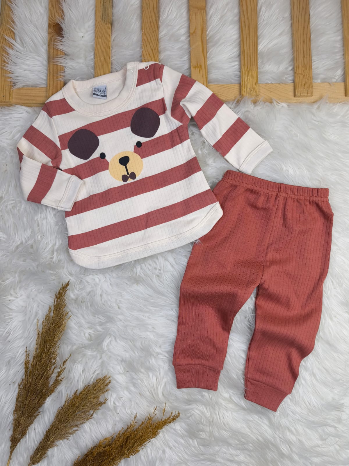 1884 ÇİZGİLİ MEVSİMLİK TAKIM  - Kiremit / 6-9 Ay