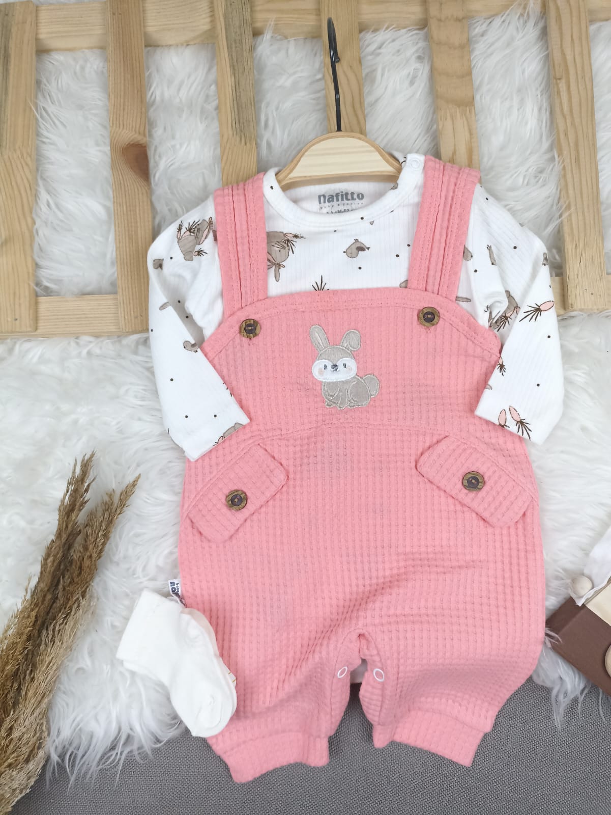 1456 TAVŞAN WAFFLE KUMAŞ SLOPET TULUM  - Somon / 9-12 Ay