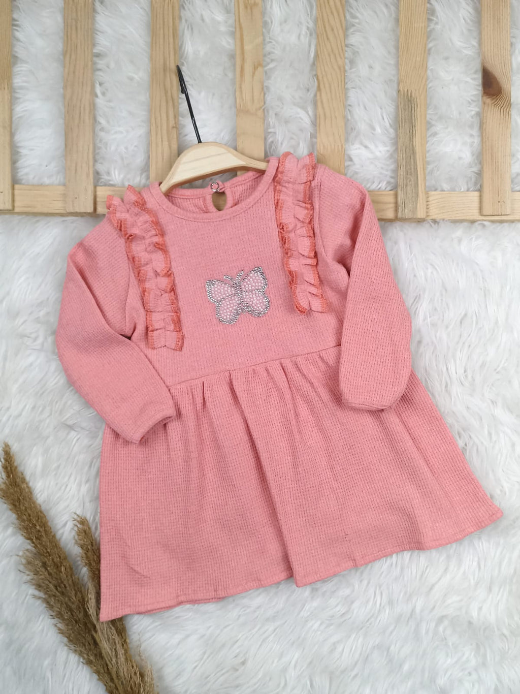 9525 WAFFLE KUMAŞ KELEBEK ELBİSE  - Pembe / 2 Yaş