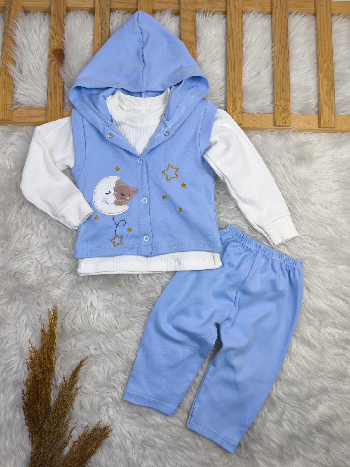 1913 AY YILDIZ NAKIŞLI KAPŞONLU YELEKLİ TAKIM  - 9-12 Ay